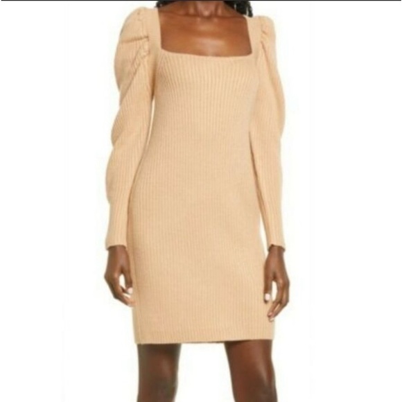 WAYF Camel Puff Sleeve Sweater Dress Size Large - Picture 1 of 16